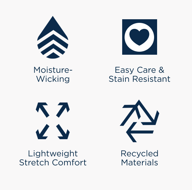 Skyline family icons | Moisture-Wicking | Easy Care & Stain Resistant | Lightweight Stretch Comfort | Recycled Materials