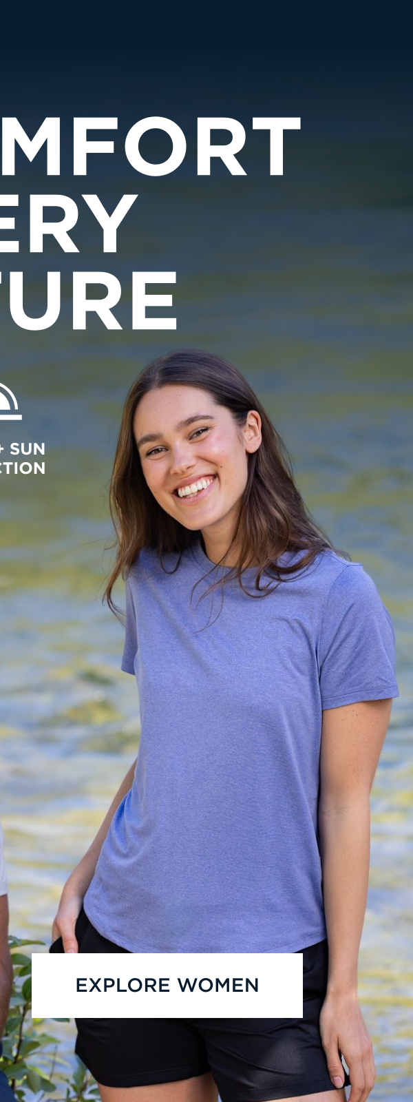 Man and woman wearing Coastline recycled double peached short sleeve top while relaxing by the water | Explore Men