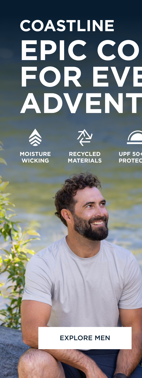 Man and woman wearing Coastline recycled double peached short sleeve top while relaxing by the water | Explore Men