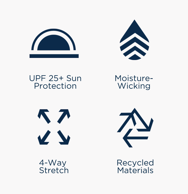 Fabric details of the Virtue family | UPF 25+ | Moisture-Wicking | 4-Way Stretch | Recycled Materials