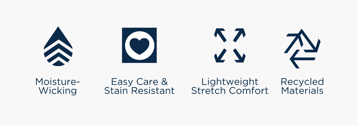 Skyline family icons | Moisture-Wicking | Easy Care & Stain Resistant | Lightweight Stretch Comfort | Recycled Materials