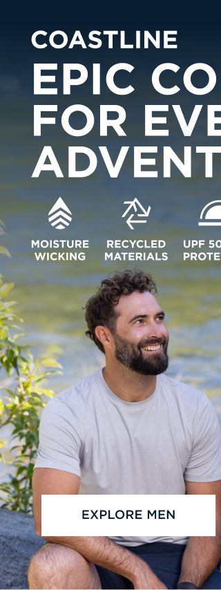 Man and woman wearing Coastline recycled double peached short sleeve top while relaxing by the water | Explore Men