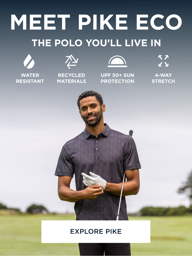 Man smiling in black Fern print polo shirt while golfing | Explore Pike