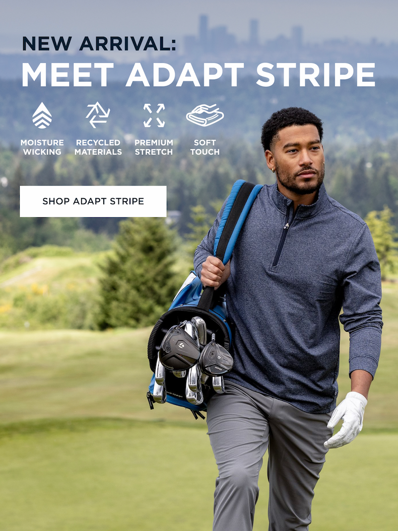 Man golfing and wearing a blue Adapt Stripe quarter zip | Shop Adapt Stripe