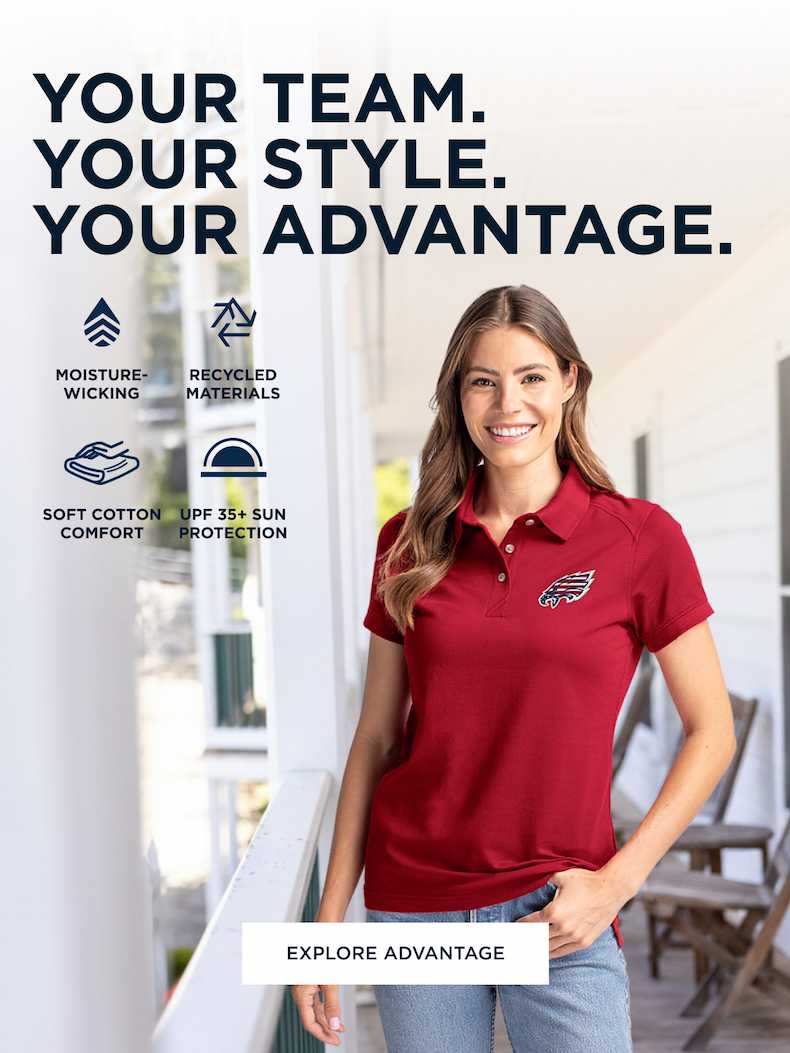 Woman wearing a red Advantage polo on a patio | Explore Advantage