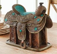 Tooled Leather & Turquoise Saddle Sculpture