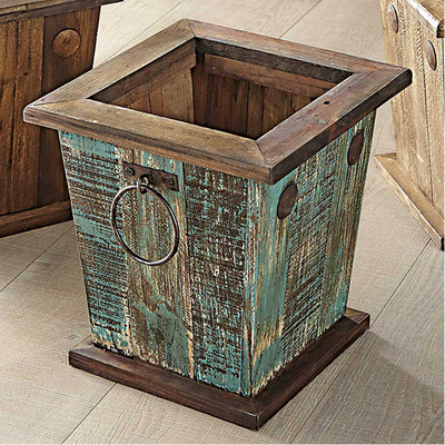 Southwestern Wood Waste Basket - Turquoise
