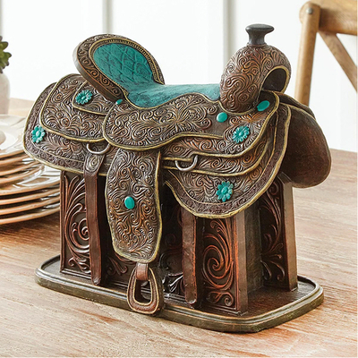 Tooled Leather & Turquoise Saddle Sculpture