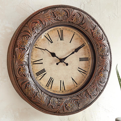 Western Tooled Leather Wall Clock