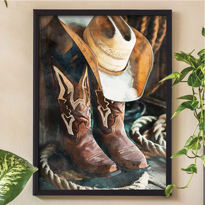 Western Cowboy Hat & Boots Framed Wall Art