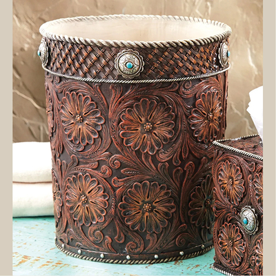 Western Tooled Leather Waste Basket