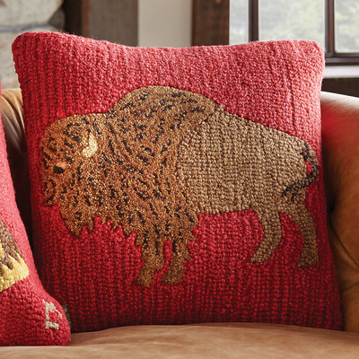 Plush Buffalo Hooked Wool Pillow