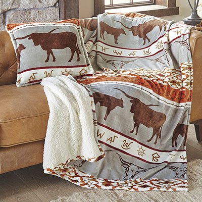 Longhorn Ranch Plush Sherpa Pillow & Throw