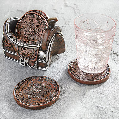 Tooled Leather Saddle Coaster Set with Holder