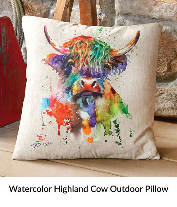 Watercolor Highland Cow Outdoor Pillow