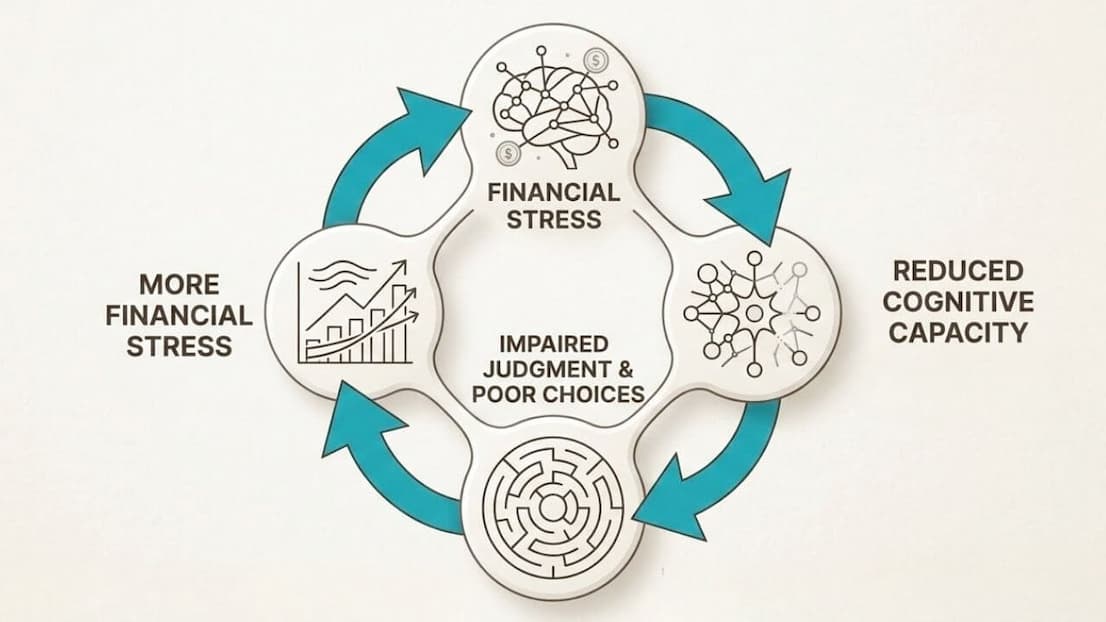 The Financial Stress Loop: Financial Stress → Reduced Brainpower → Worse Decisions → More Financial Stress → (loops back)