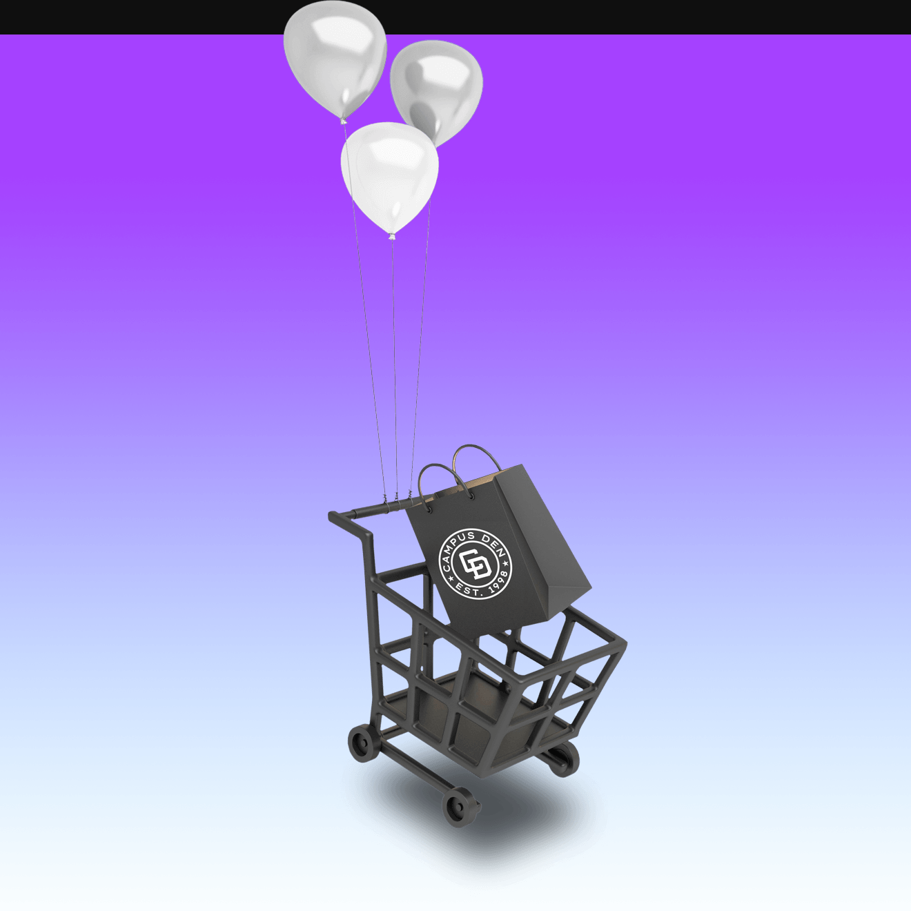 Campus Den cart and shopping bag floating by birthday balloons