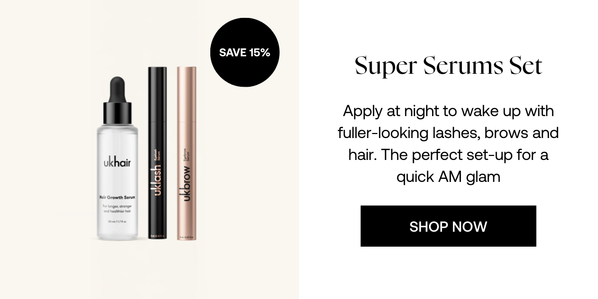 Super Serums Set  Apply at night to wake up with fuller-looking lashes,  brows and hair. The perfect set-up for a quick AM glam