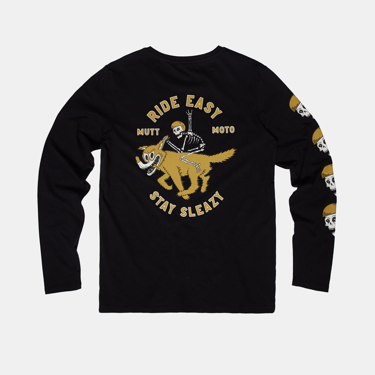 A flatlay photograph of the black long sleeve tee the model is wearing, saying "Ride easy, stay sleazy" along with a graphic of a skeleton riding a huge dog