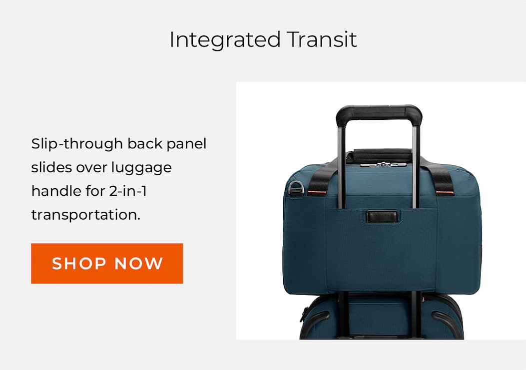 Integrated transit with a slip-through back panel that slides over luggage handles
