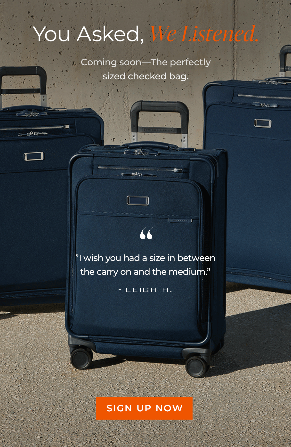 Coming Soon: The perfectly sized checked bag. Sign up now and be the first to shop.