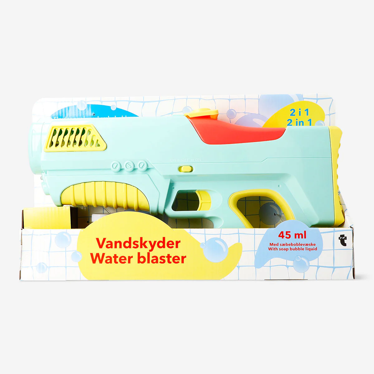 2-in-1 green water blaster with soap bubbles