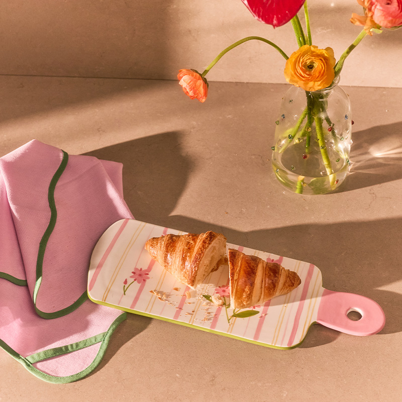 Ceramic tapas tray with hand-painted stripes and flower design - 35 cm