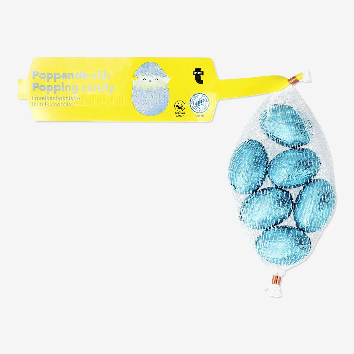 Blue milk chocolate eggs in net with popping candy