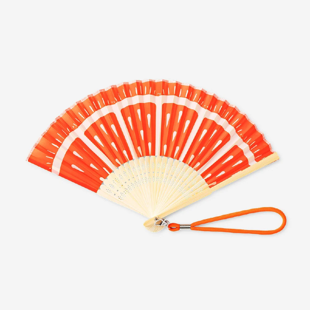 Foldable bamboo fan with a strap - Orange print