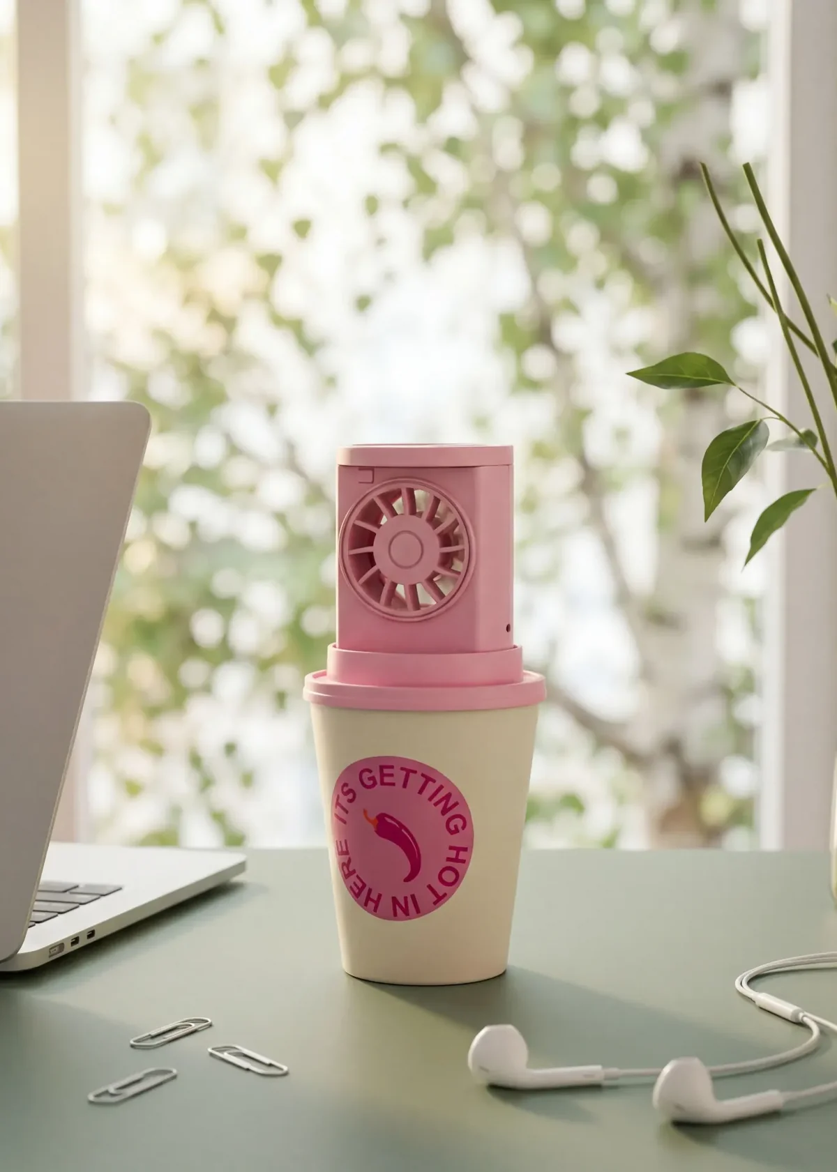 Desktop fan as coffee cup