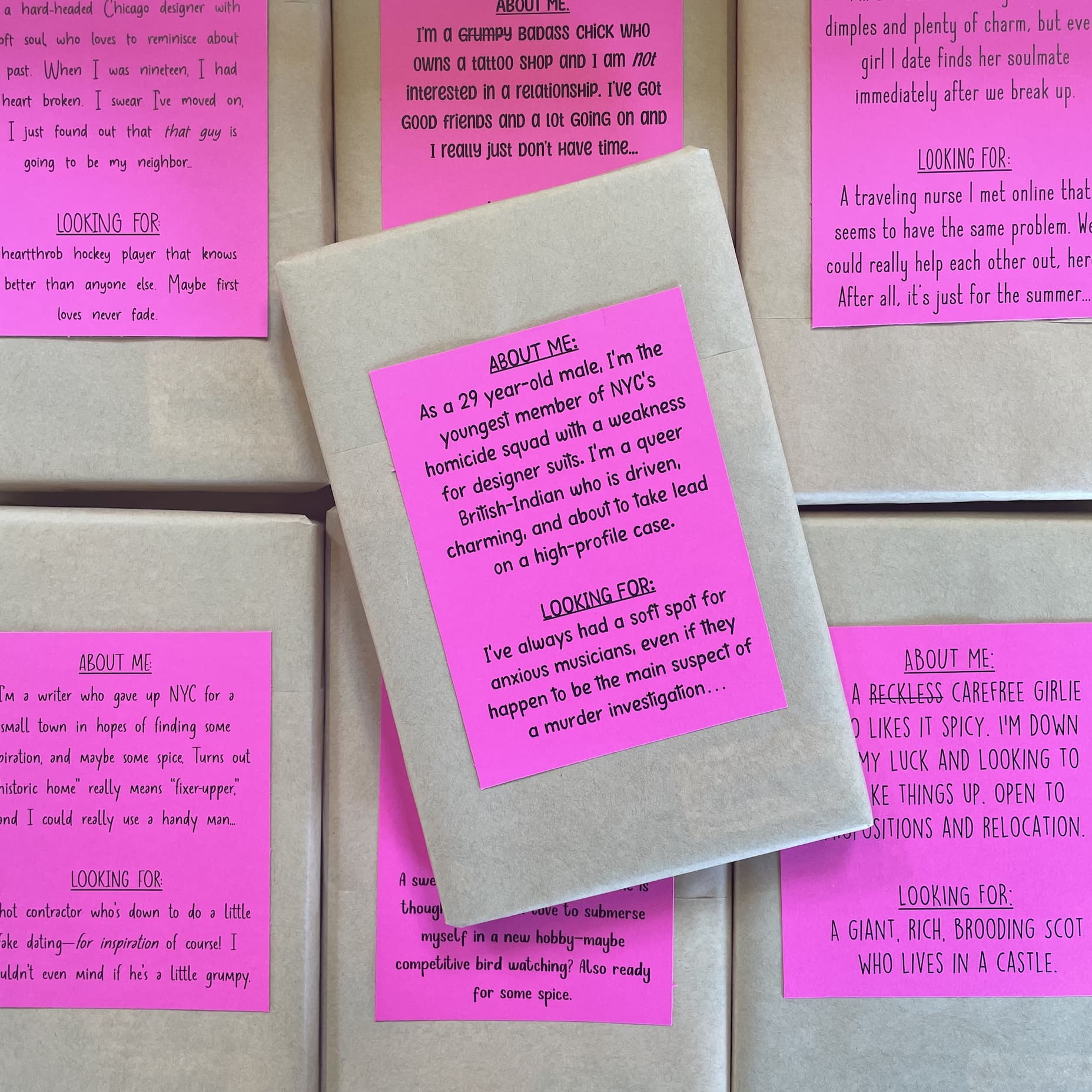 A photo of brown-wrapped books with a bright pink personal ad affixed to them describing the romance book inside without using the title.