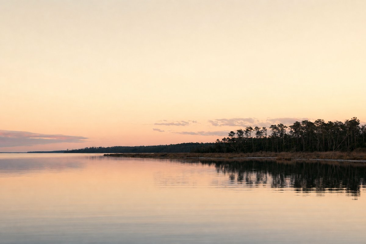 A spread of working decoys riding choppy water on the Neuse River at first light, low-angle quiet shot.