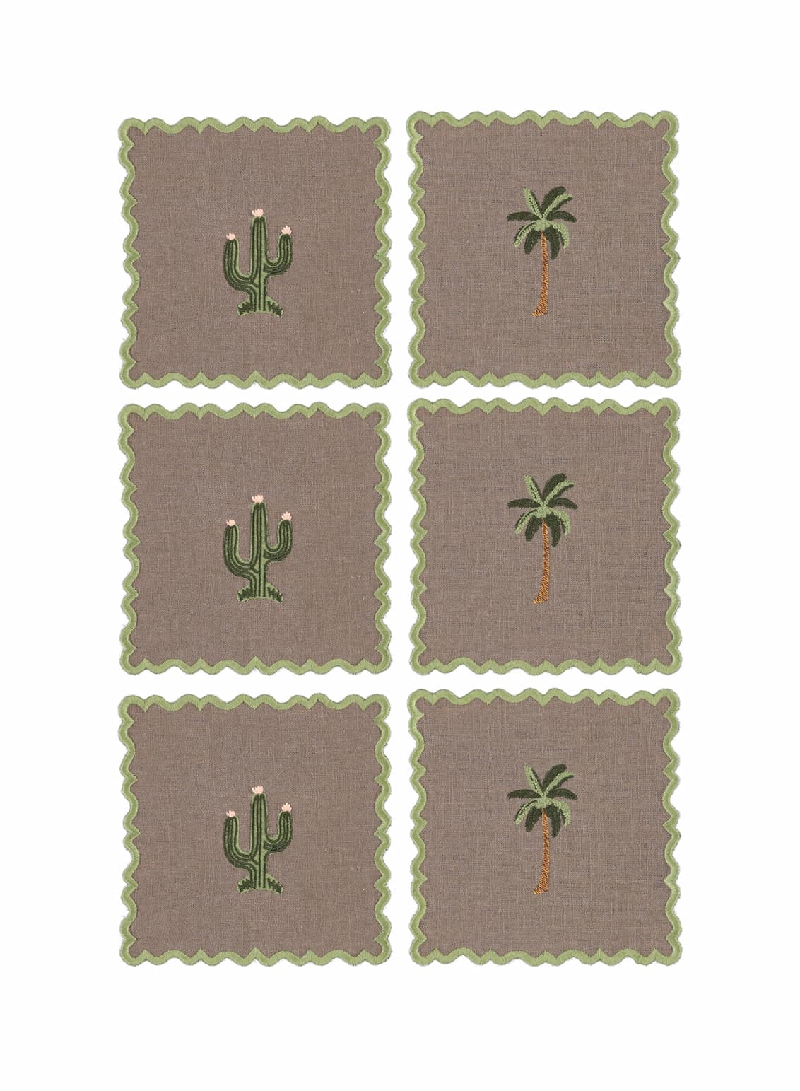 MARIAIDA - Set of Six Ondulado Brown Cactus and Palm Tree Cocktail Napkins