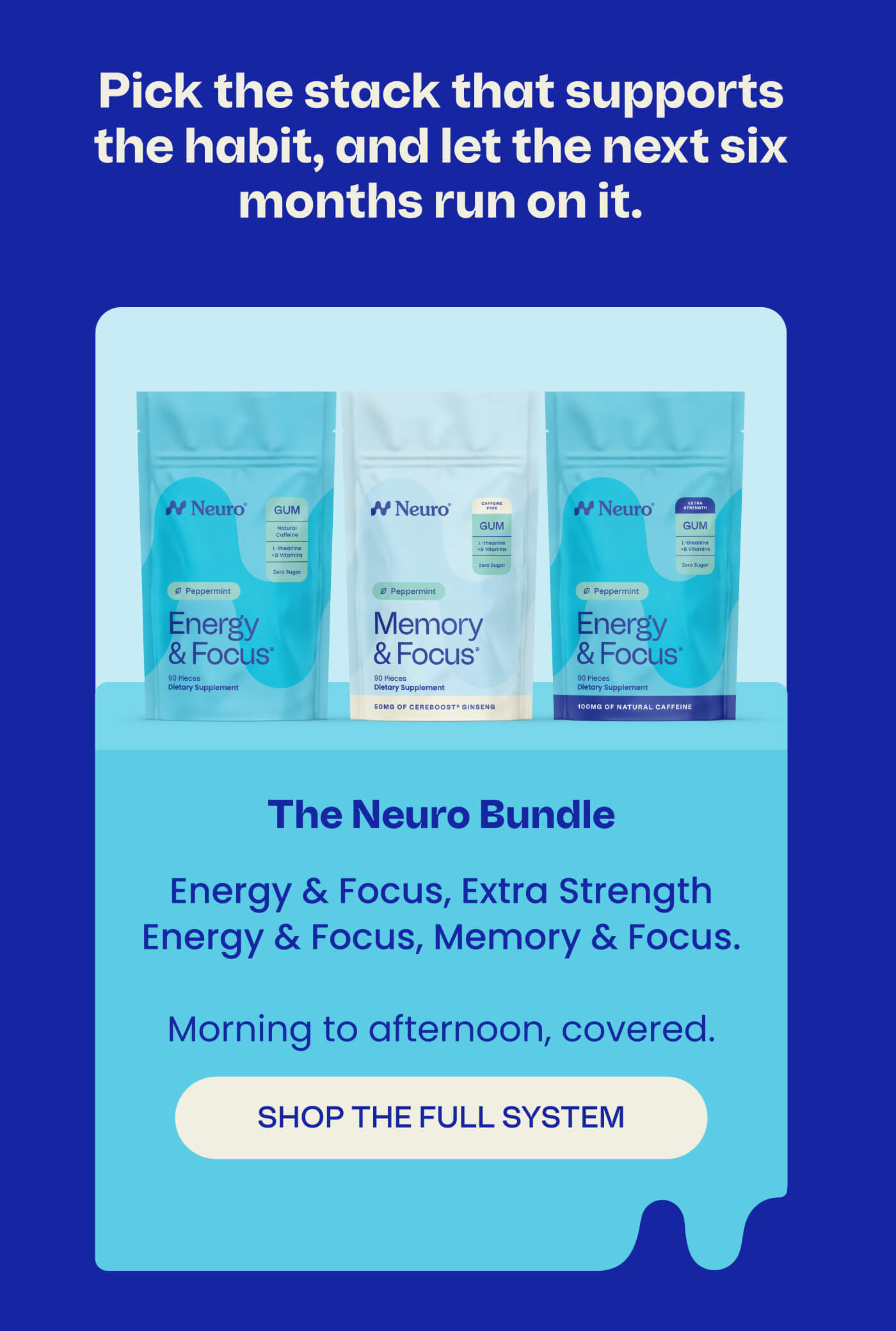 Pick the stack that supports the habit, and let the next six months run on it. The Neuro Bundle - Energy & Focus, Extra Strength Energy & Focus, Memory & Focus. Morning to afternoon, covered. SHOP THE FULL SYSTEM