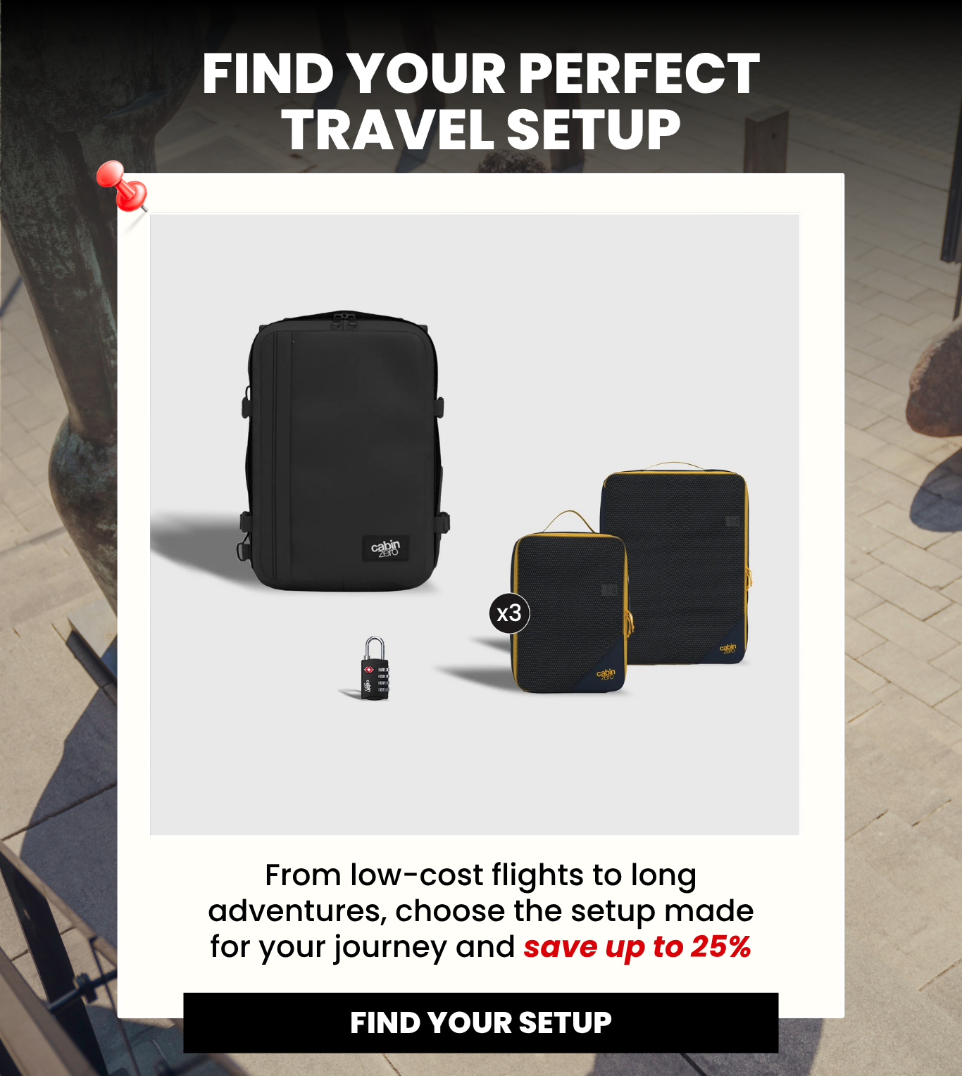 CabinZero travel setup with backpack and packing accessories