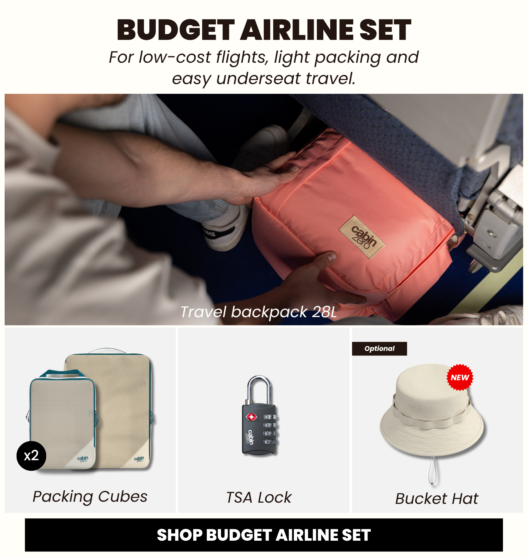 CabinZero backpack and accessories packed for air travel