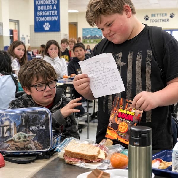 Elementary school cafeteria lunch inspection with an open lunchbox and a mom’s note