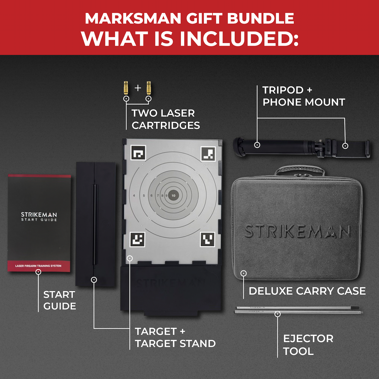 What is included in the marksman gift bundle, two laser cartridges, tripod and phone mount, start guide, target and target stand, deluxe carry case, and an ejector tool