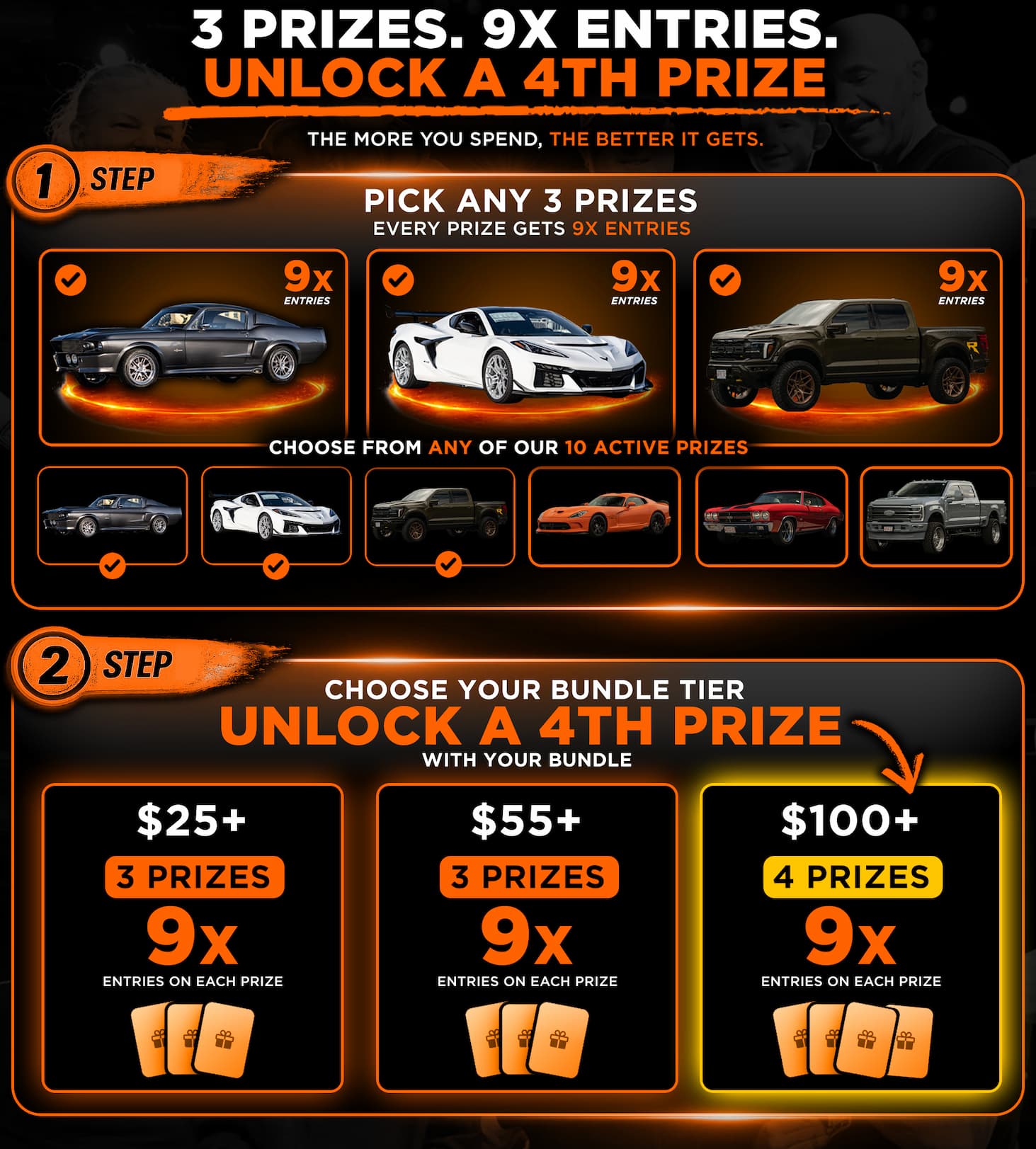 Pick Any 3 Prizes & Get 9X Tickets +Unlock a 4th Prize