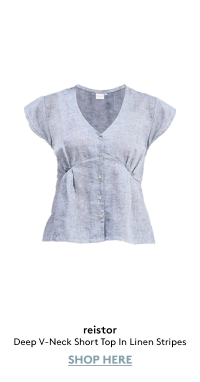 Deep V-Neck Short Top In Linen Stripes