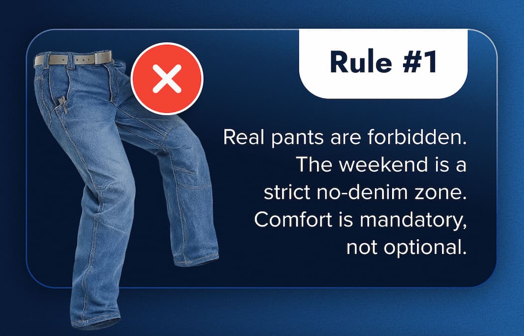 Rule #1: Real pants are forbidden. The weekend is a strict no-denim zone. Comfort is mandatory, not optional.