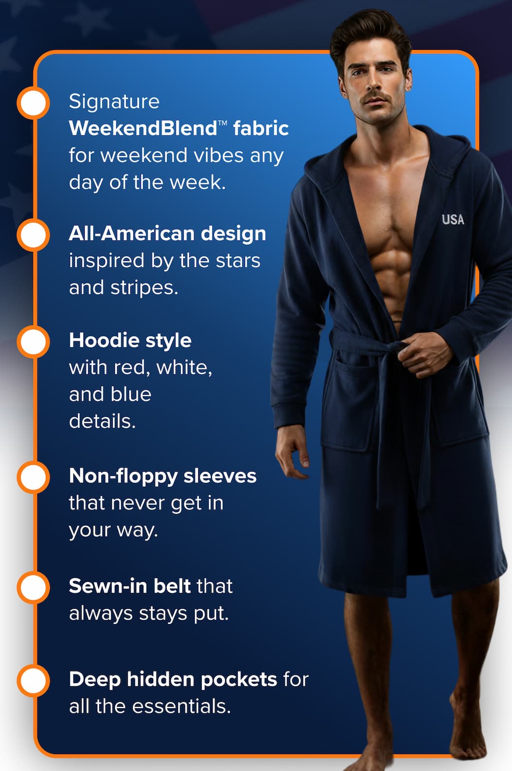 • Signature WeekendBlend™ fabric for weekend vibes any day of the week. • All-American design inspired by the stars and stripes. • Hoodie style with red, white, and blue details. • Non-floppy sleeves that never get in your way. • Sewn-in belt that always stays put. • Deep hidden pockets for all the essentials.