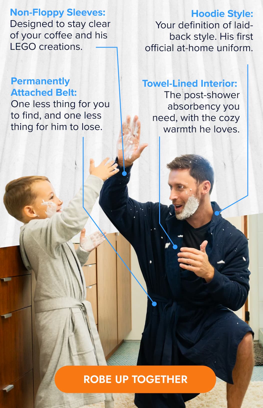 Non-Floppy Sleeves Designed to stay clear of your coffee and his LEGO creations. Hoodie Style Your definition of laid-back style. His first official at-home uniform. Permanently Attached Belt One less thing for you to find, and one less thing for him to lose. Towel-Lined Interior The post-shower absorbency you need, with the cozy warmth he loves. ROBE UP TOGETHER