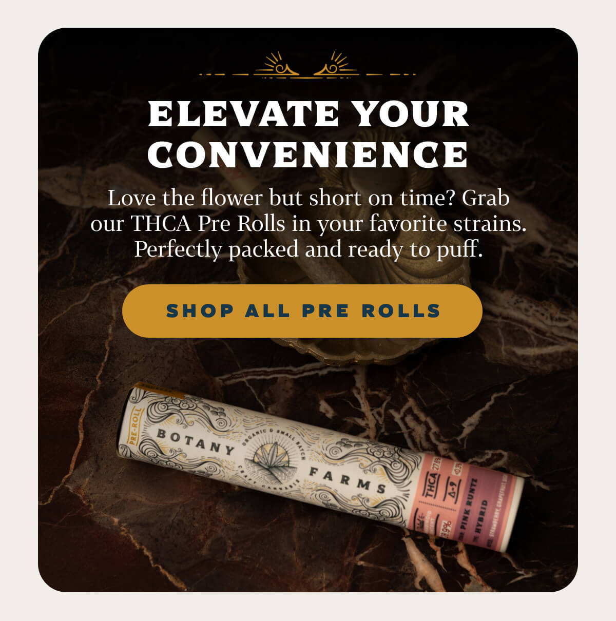 Elevate Your Convenience Love the flower but short on time? Grab our THCA Pre Rolls in your favorite strains. Perfectly packed and ready to puff.