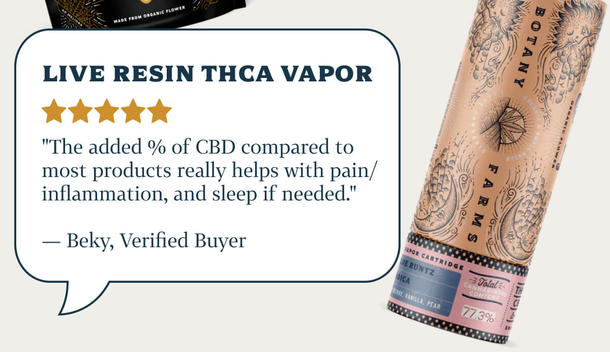 Live Resin THCA Vapor "The added % of CBD compared to most products really helps with pain/inflammation, and sleep if needed." — Beky, Verified Buyer