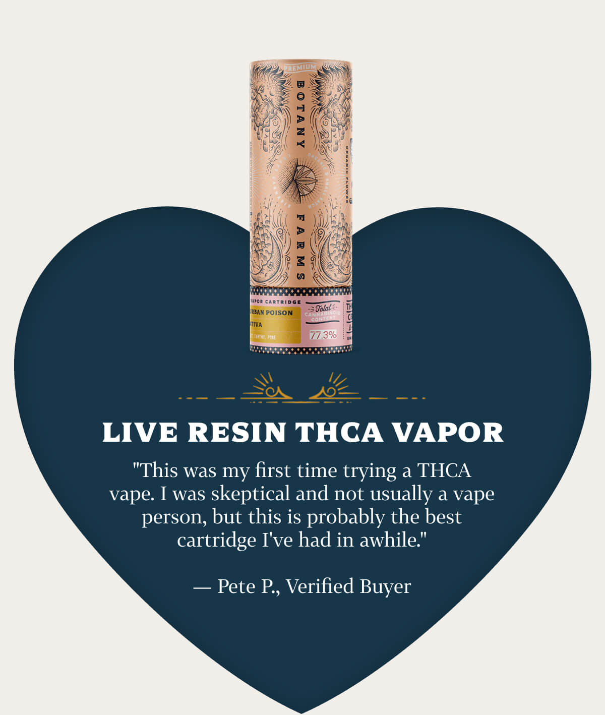 Live Resin THCA  "This was my first time trying a THCA vape. I was skeptical and not usually a vape person, but this is probably the best cartridge I've had in awhile." — Pete P., Verified Buyer
