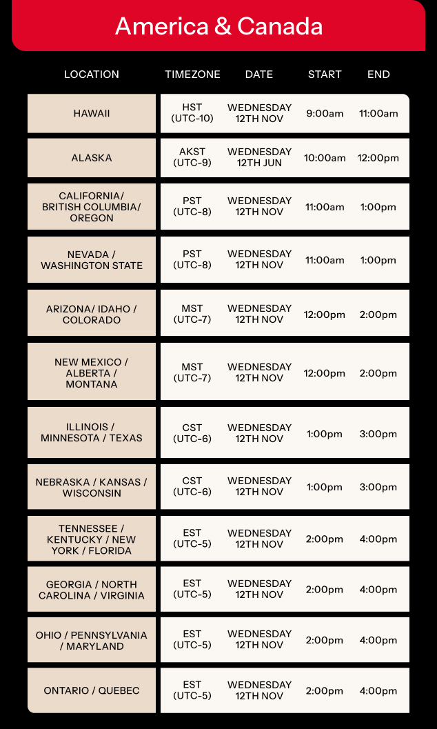 Sale Start Times for America & Canada