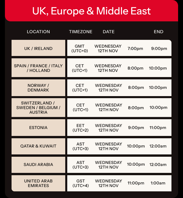 Sale Start Times for UK, Europe & Middle East