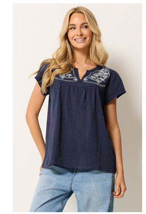 M&Co Navy Blue Embroidered Cotton Notch Neck Top