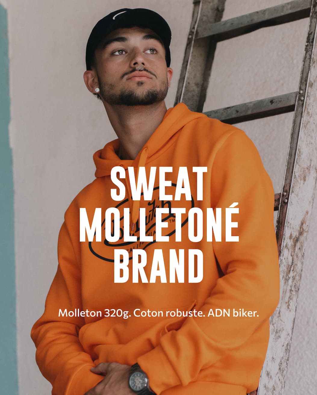 Sweat Molletoné BRAND Molleton 320g. Coton robuste. ADN biker.